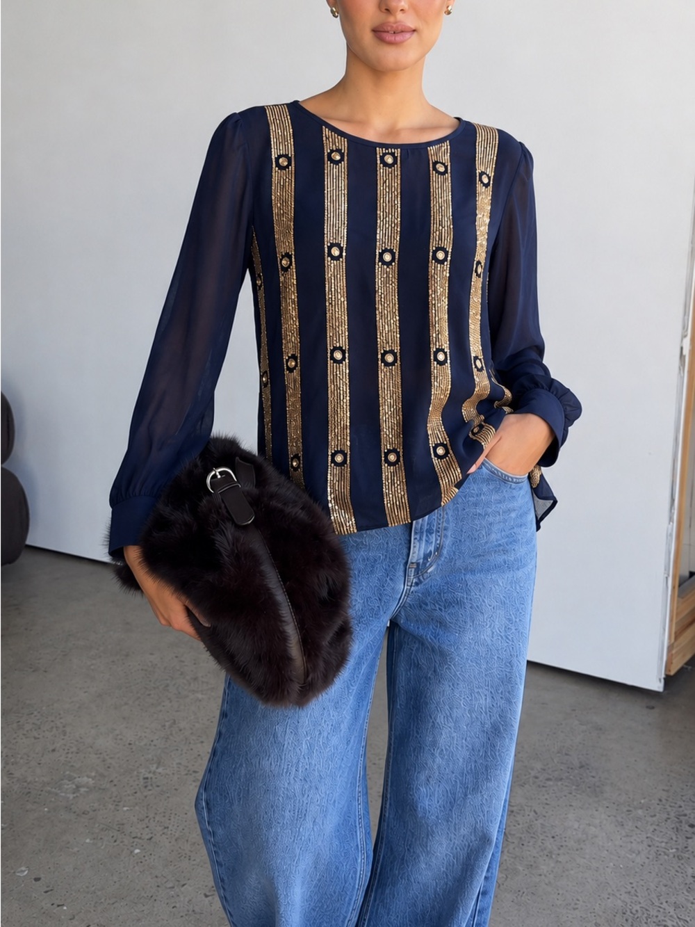 NWT Embellished Navy Chiffon Long-Sleeve Top